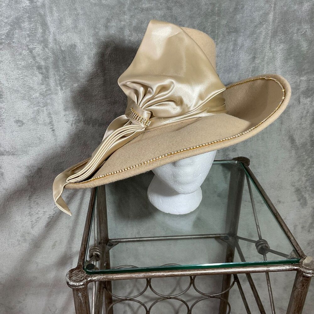 VTG.Michael Howard 100% Wool Wide Brim Hat Rhinestones Satin Ribbon Band Bow OS.